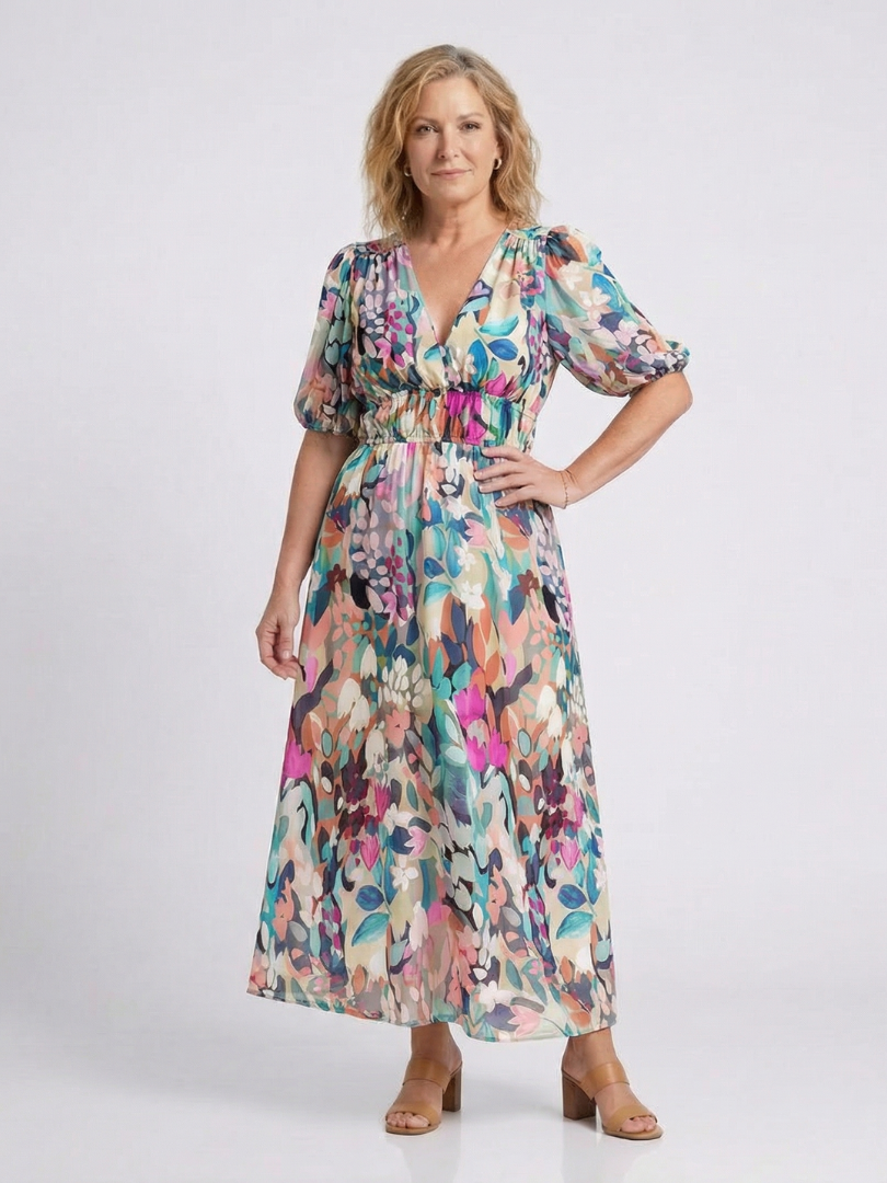 Eulalie | Gentle V Neck Short Sleeve Midi Dress
