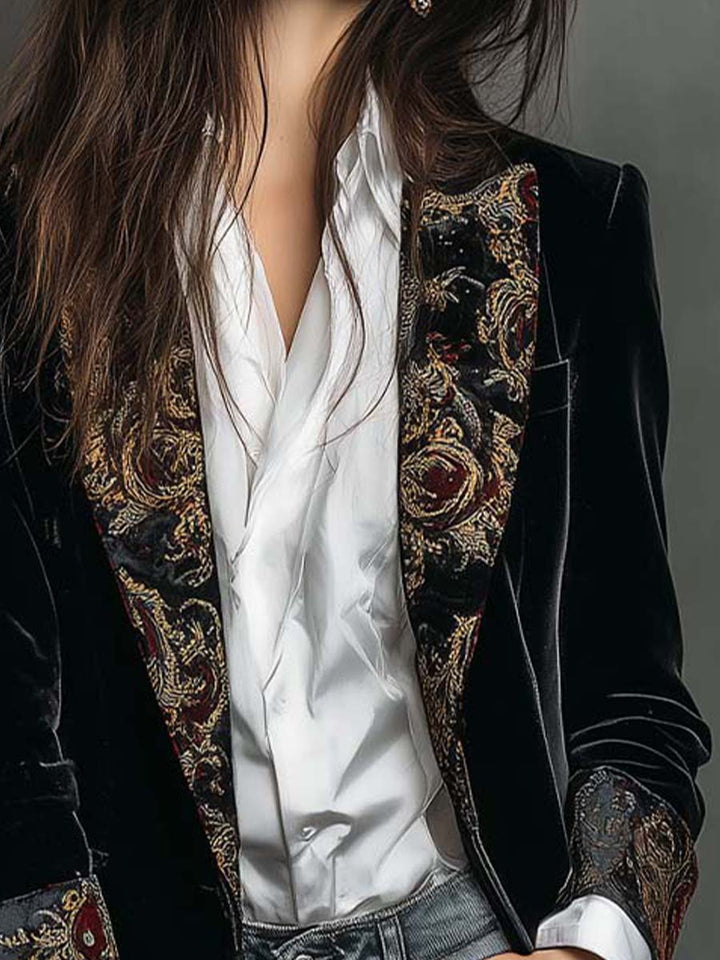Leontine | Fitted Black Baroque-Print Blazer