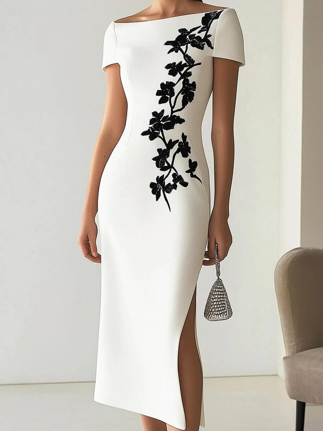 Audrey | Dress Midi Floral Chic, Neckline a Barca