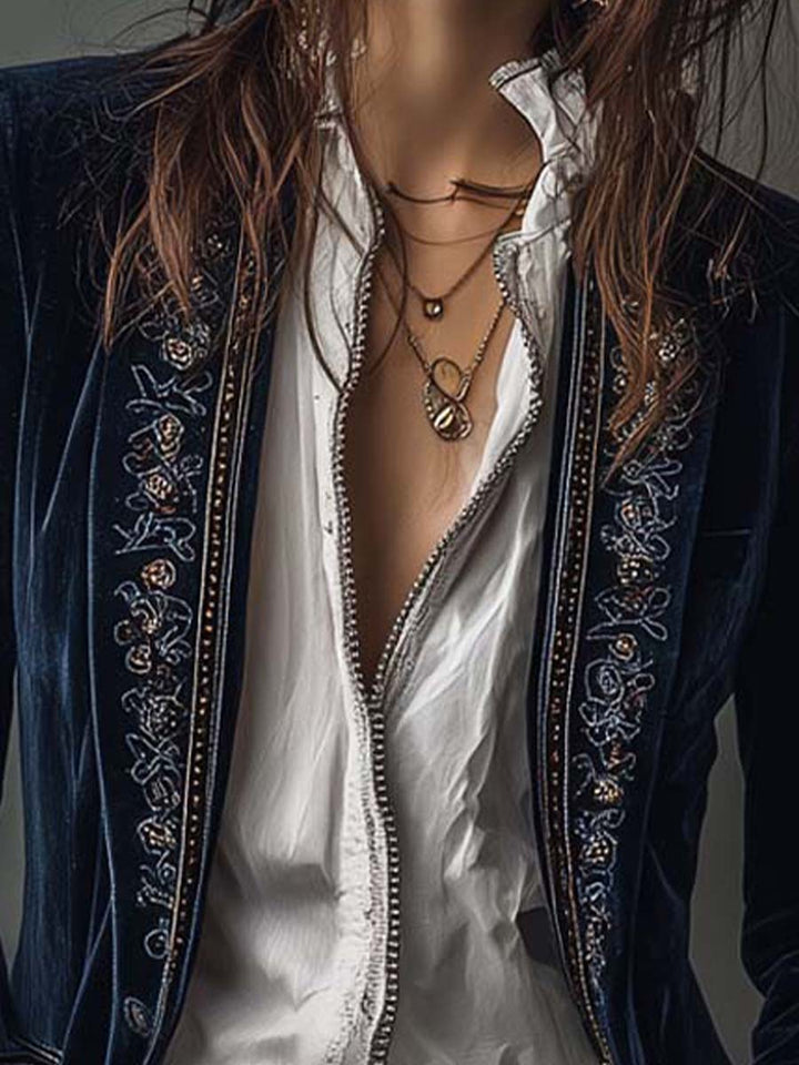 Athenais | Vintage Embroidered Long Navy Jacket