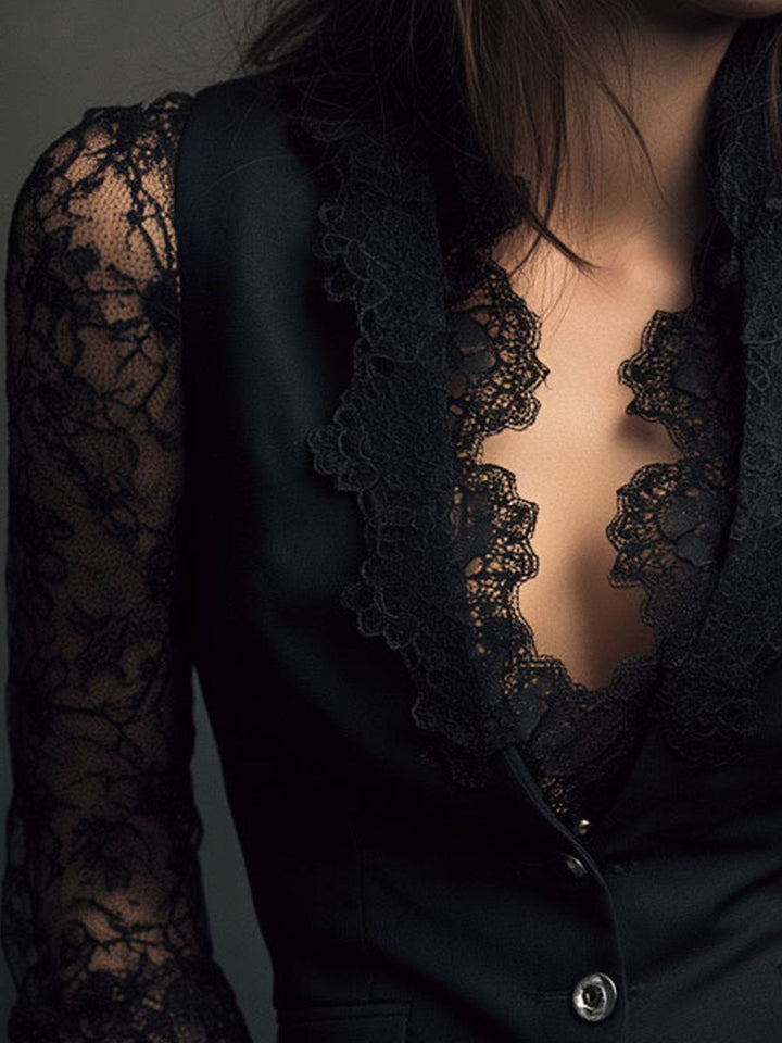 Noemie | Black Blazer Top with Sheer Sleeves