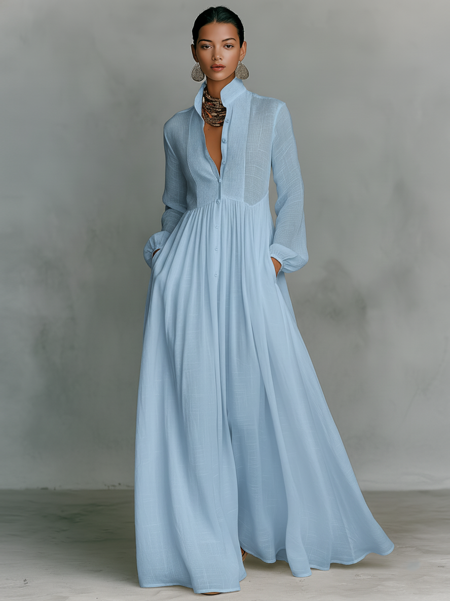 Patchwork Leinen Maxi Kleid Stehkragen - 