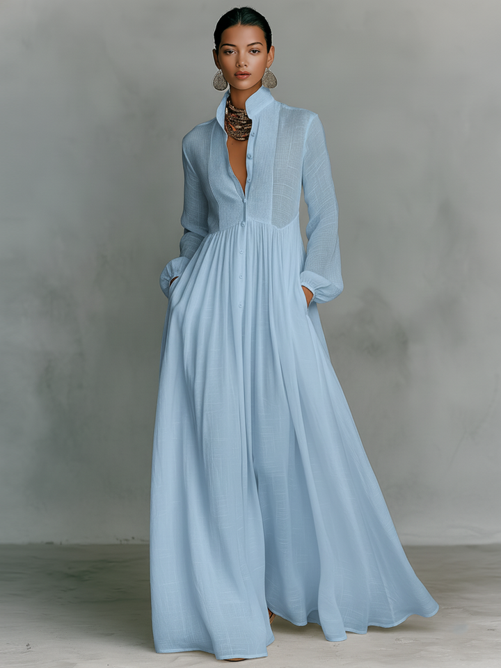 Patchwork Leinen Maxi Kleid Stehkragen - 