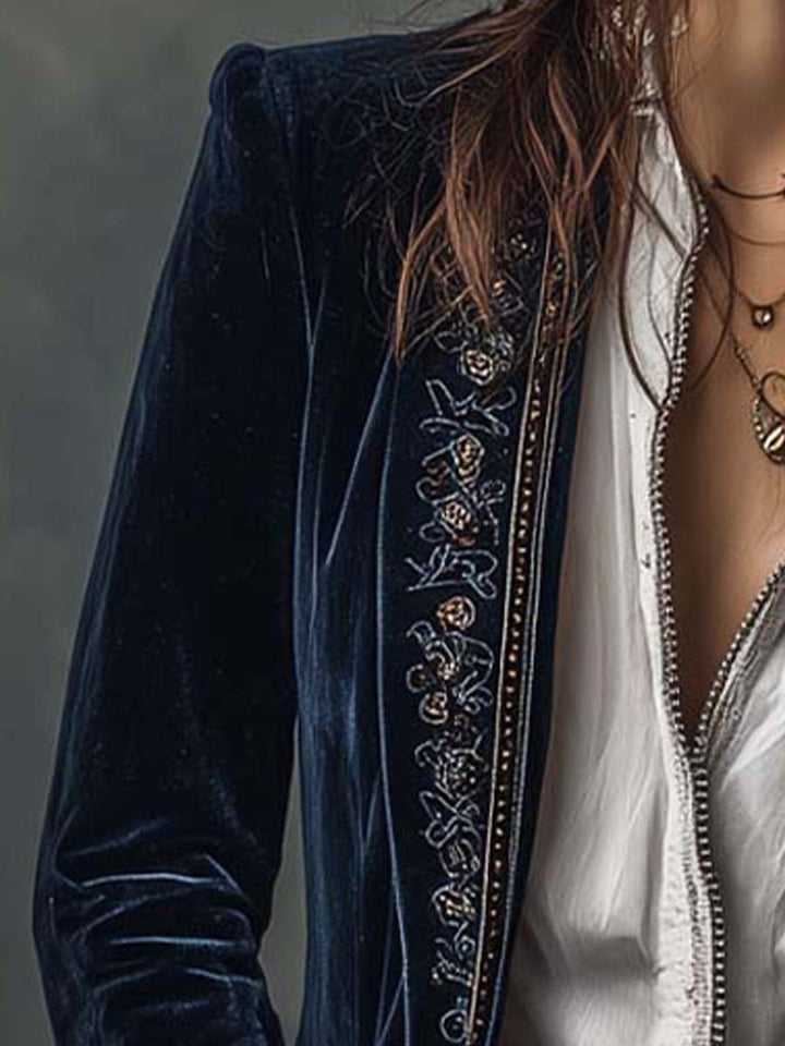 Athenais | Vintage Embroidered Long Navy Jacket
