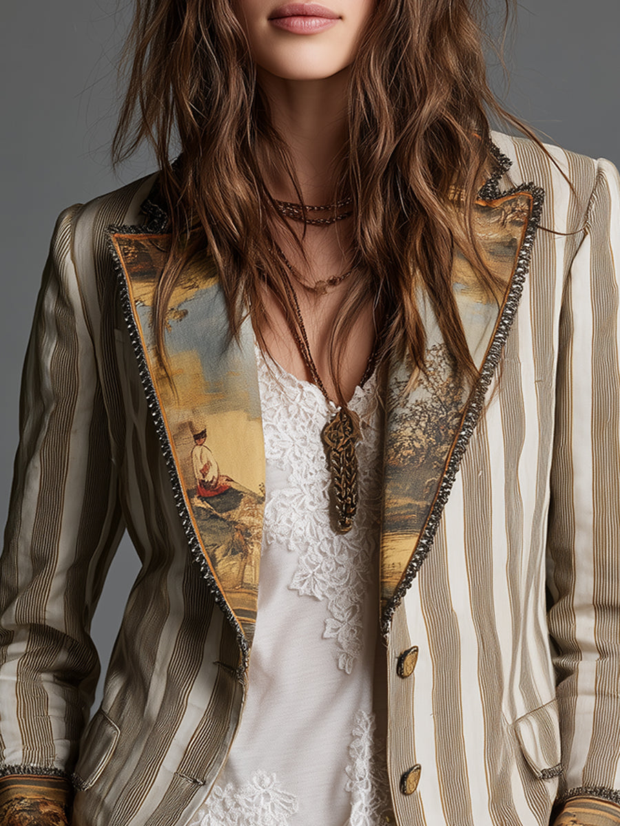Suzanne | Bohemian Striped Blazer with Printed Collar