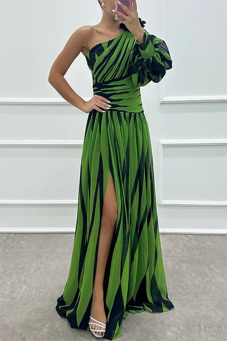 Elegant Striped Maxi Dress with One Shoulder