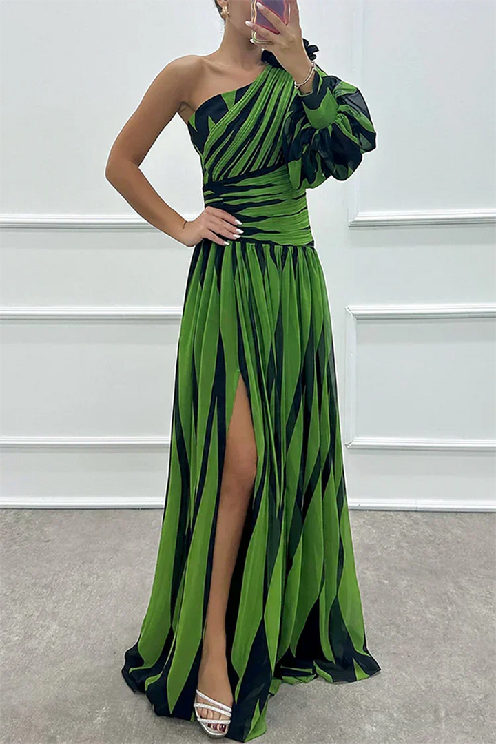 Elegant Striped Maxi Dress with One Shoulder