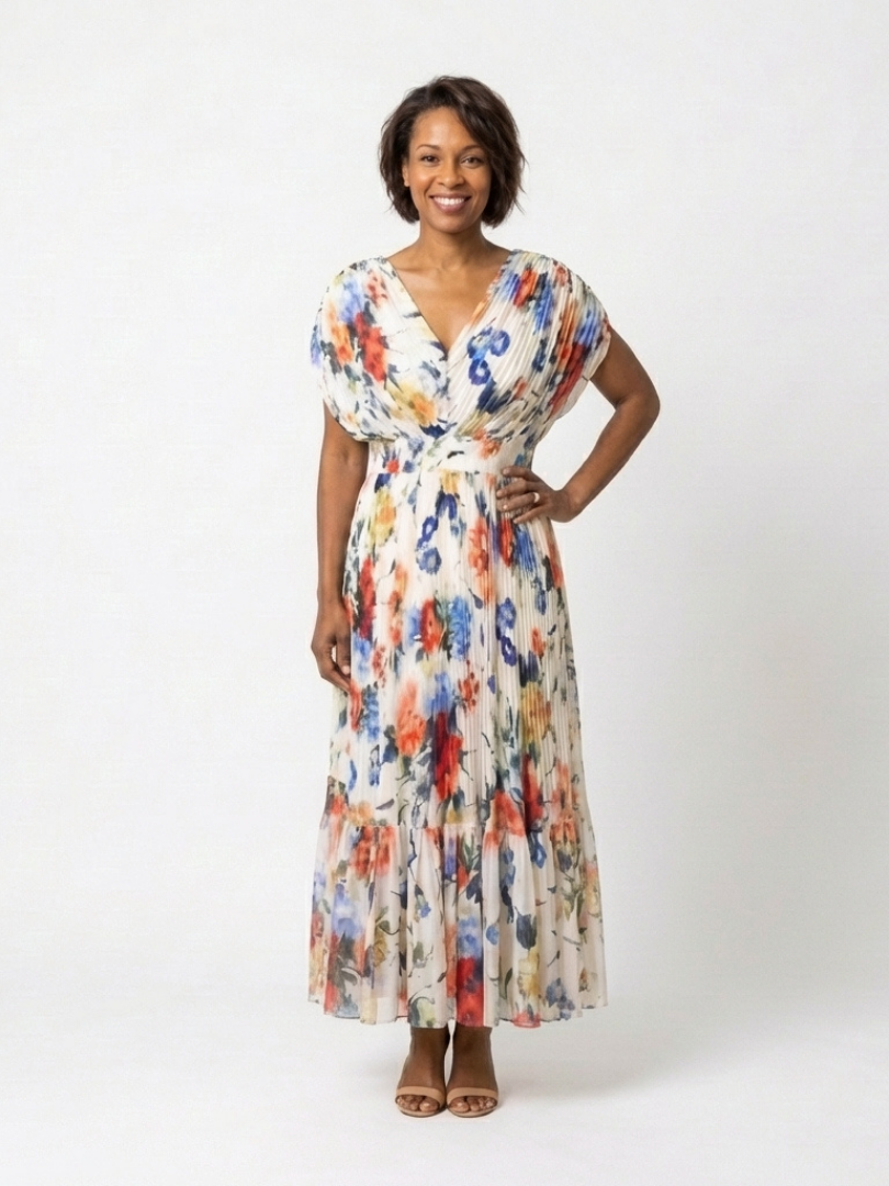 Katharine | Elegant Floral Short Sleeve Midi Dress