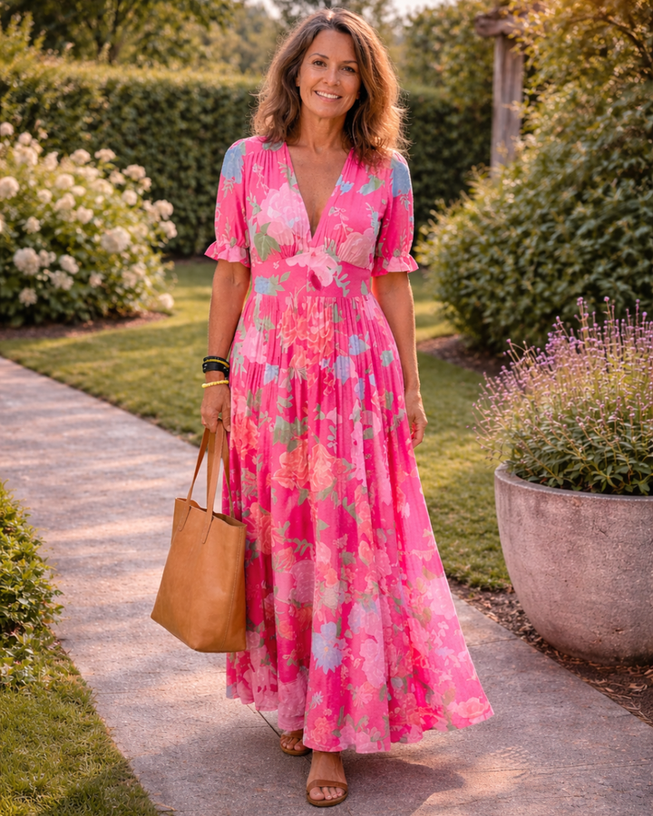 Ione | Effortless Floral V Neck Midi Dress