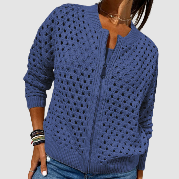 Maeve | Open Knit Zip Cardigan - Blue