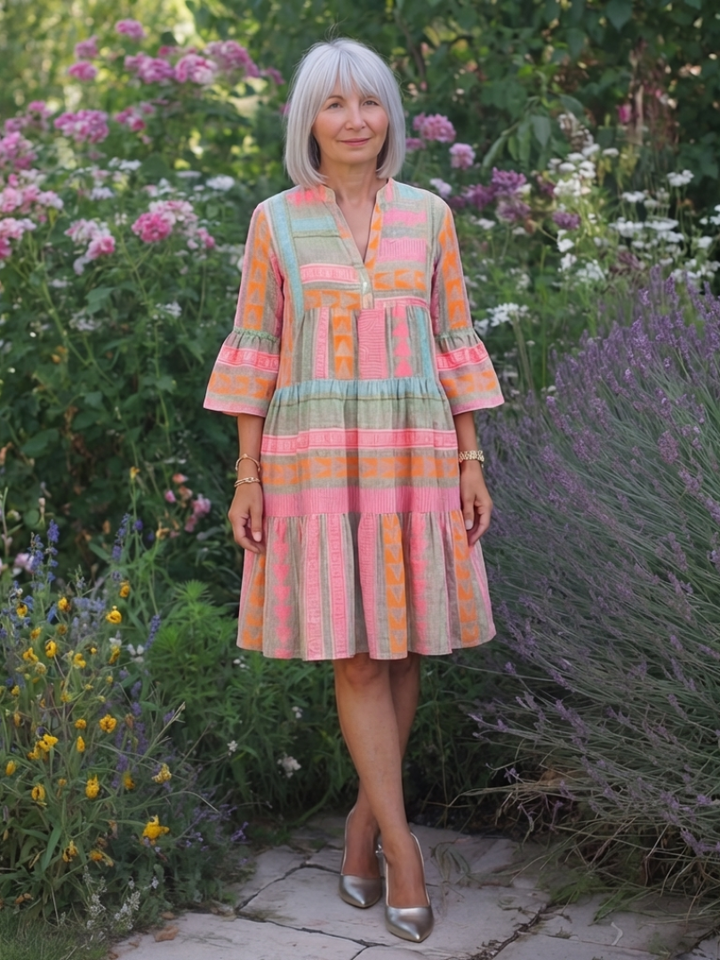 Maelle | Gentle Geometric V Neck Tiered Midi Dress
