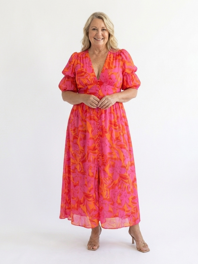 Floral V Neck Puff Sleeve Midi Dress