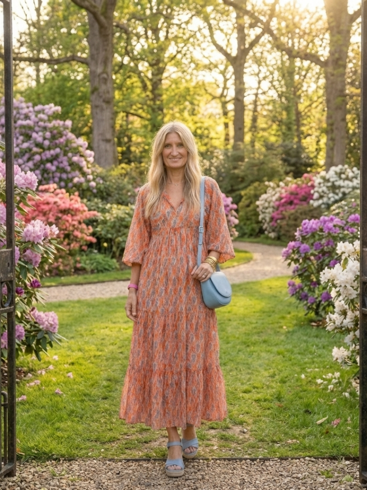 Millicent | Relaxed Geometric V Neck Tiered Midi Dress