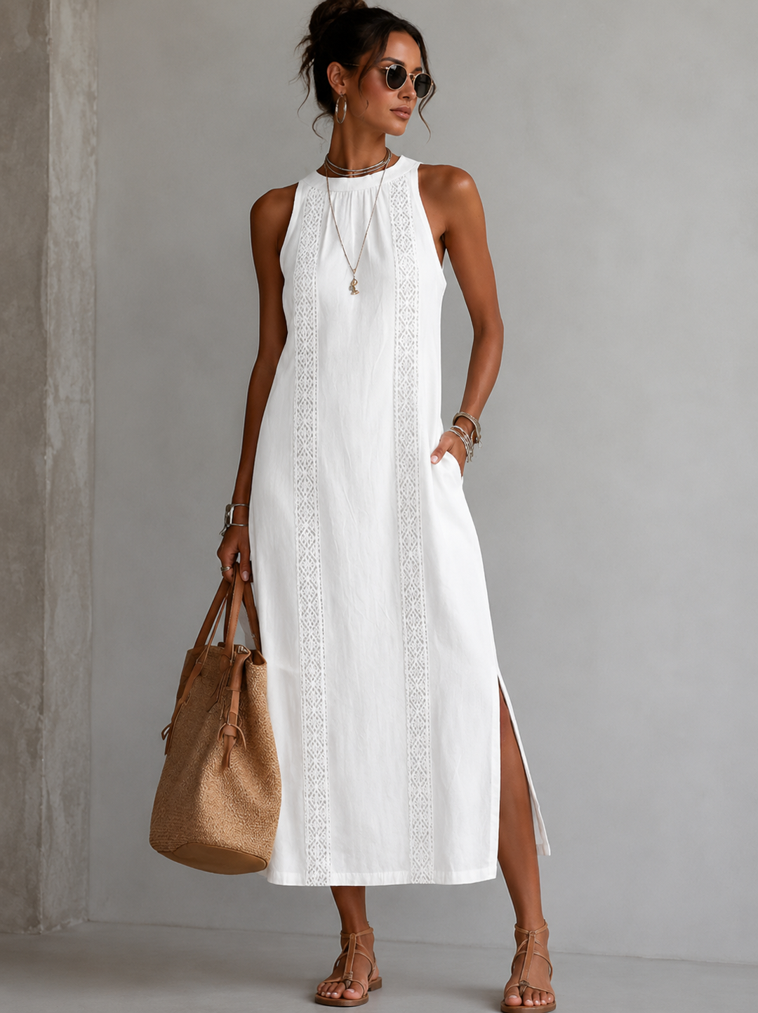 Marit | Luftiges bauchkaschierendes besticktes Kleid mit Taschen - White