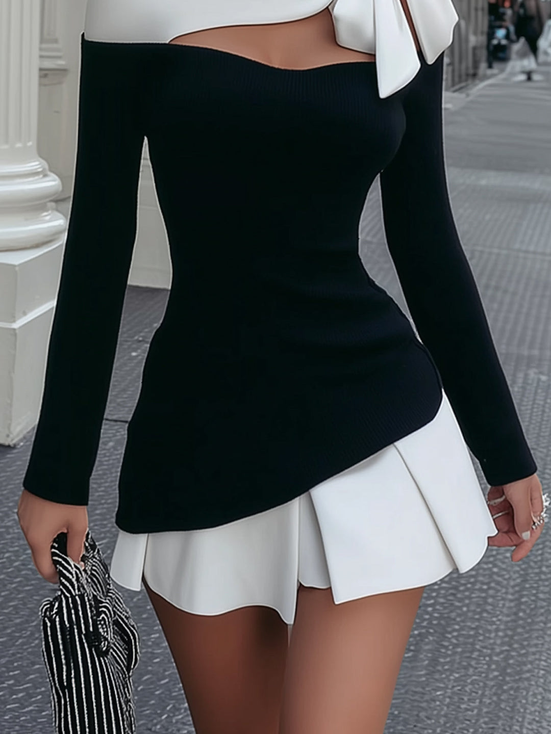 Mia | White & Black Mini Dress with Bow Strap Detail