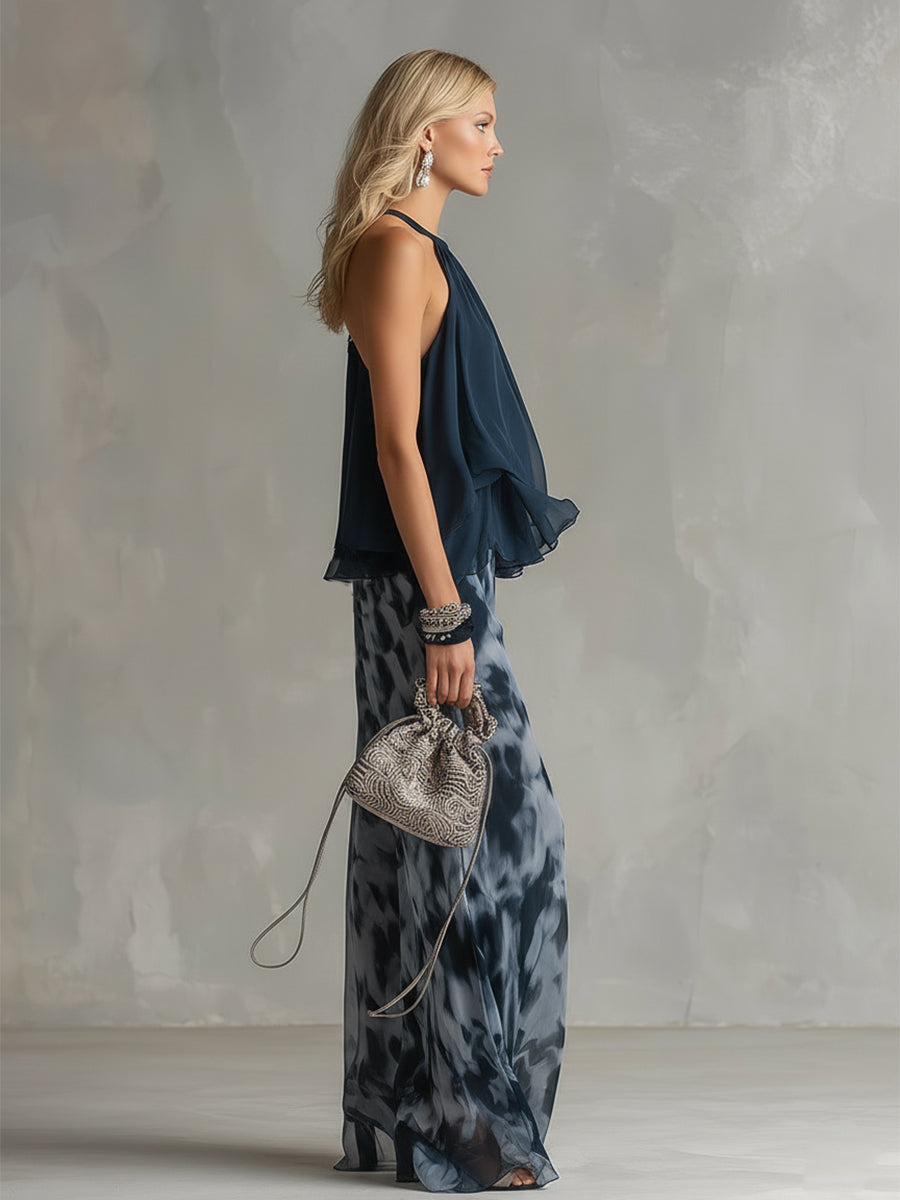 Ludovica | Elegantes Set mit hochgeschlossenem Oberteil und weit geschnittenen bedruckten Hosen - Helen & Olivia Manhattan