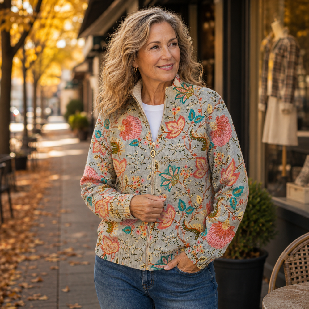 Cordelia | Vintage Floral Garden Zip Cardigan - Helen & Olivia Manhattan