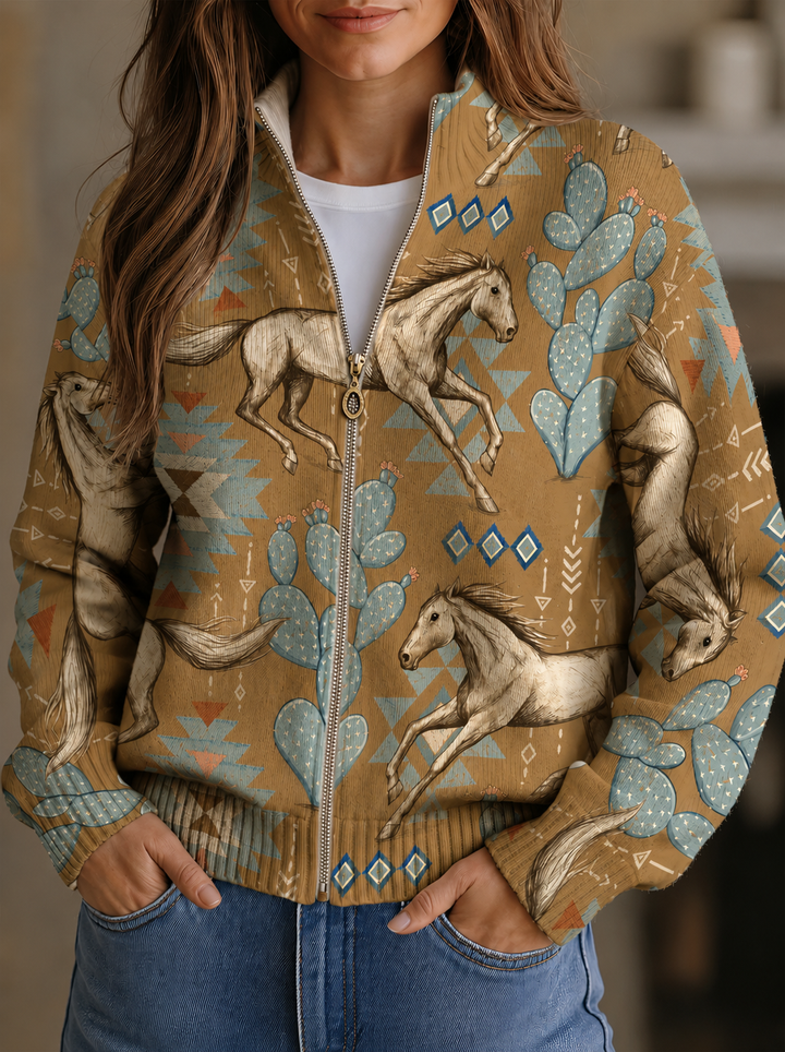 Winona | Desert Horse and Cactus Zip Cardigan - Helen & Olivia Manhattan