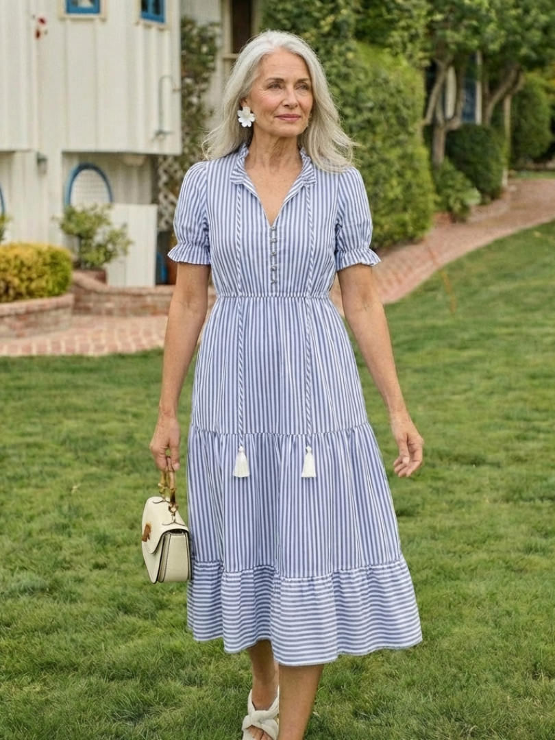 Cordelia | Understated Striped Tiered Midi Dress