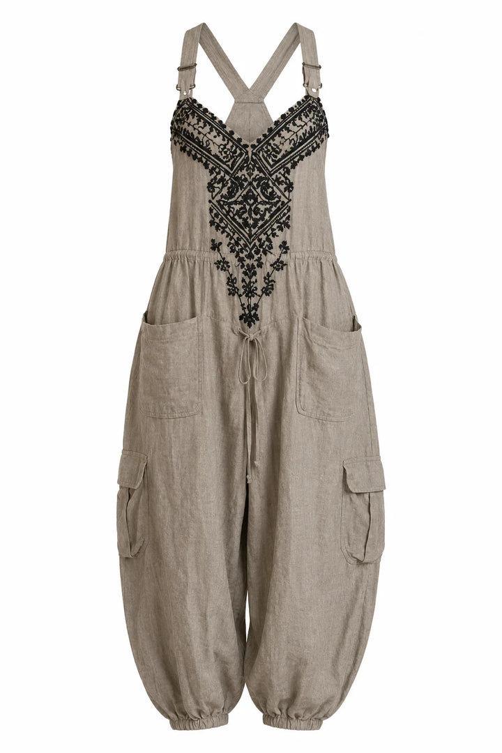 Olivia bohemian jumpsuit with embroidered bodice and patch pockets