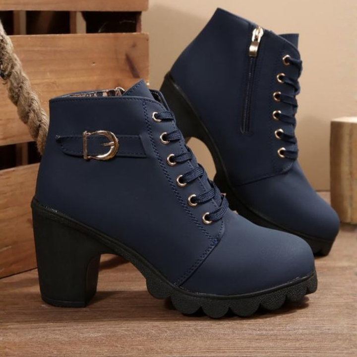 Karin Chic Lace | Up Metal Buckle Chunky Ankle Boots - Blue