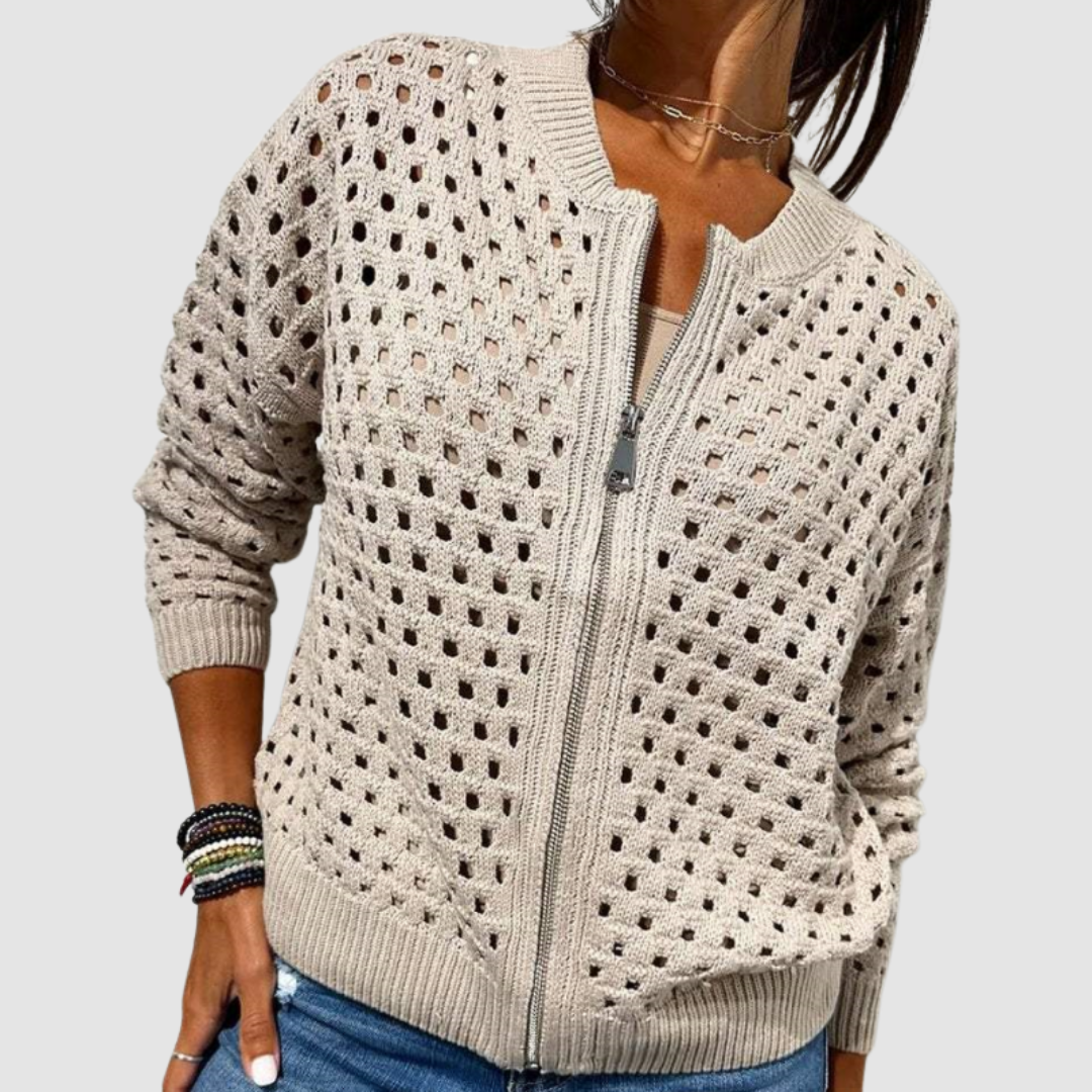 Maeve | Open Knit Zip Cardigan - Beige
