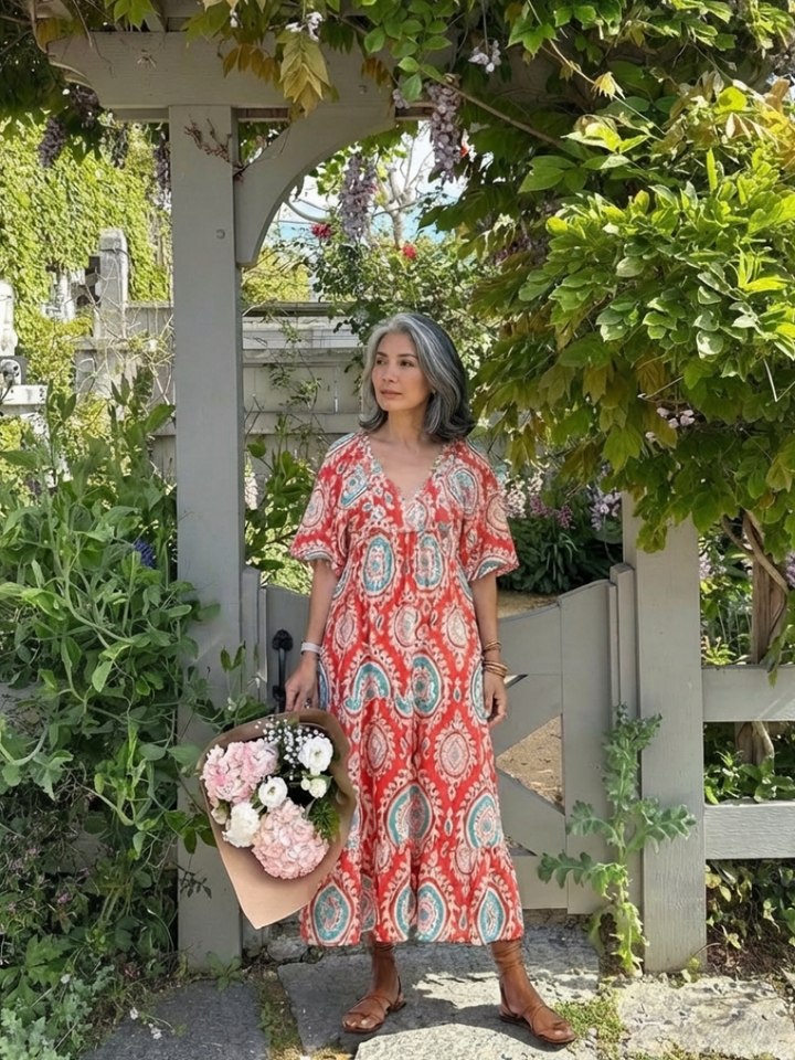 Evangeline | Understated Paisley V Neck Midi Dress