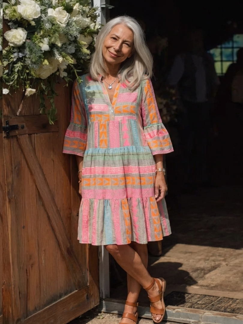 Maelle | Gentle Geometric V Neck Tiered Midi Dress