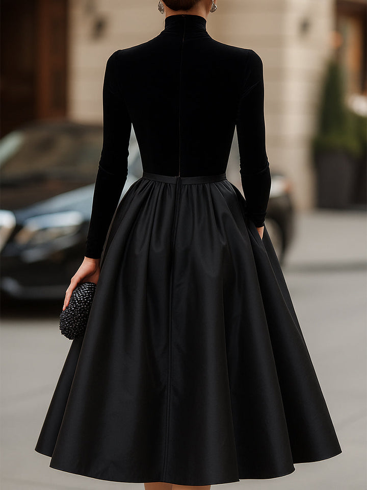 Ava | Elegant Black Velvet & Raso Midi Dress