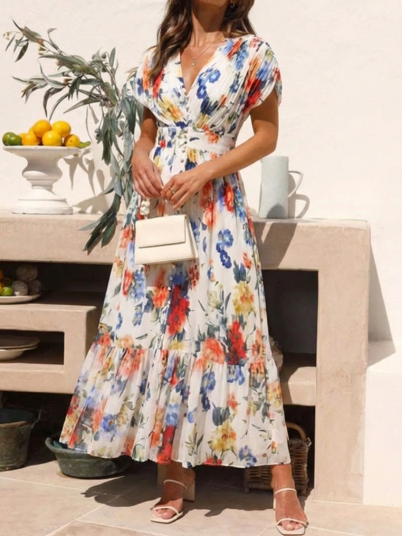 Katharine | Elegant Floral Short Sleeve Midi Dress
