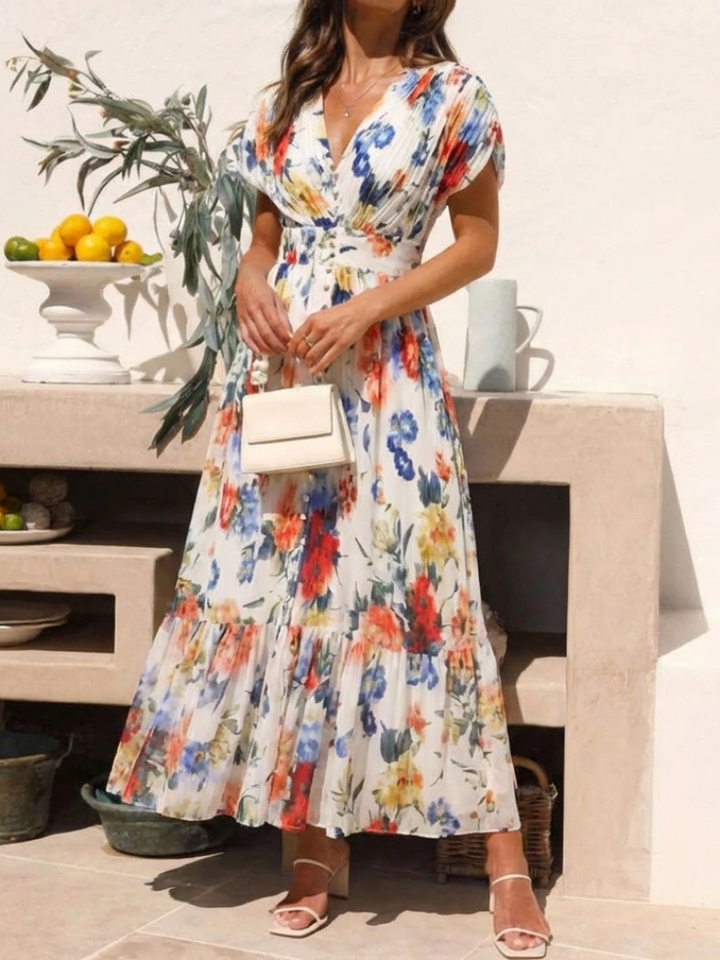 Katharine | Elegant Floral Short Sleeve Midi Dress