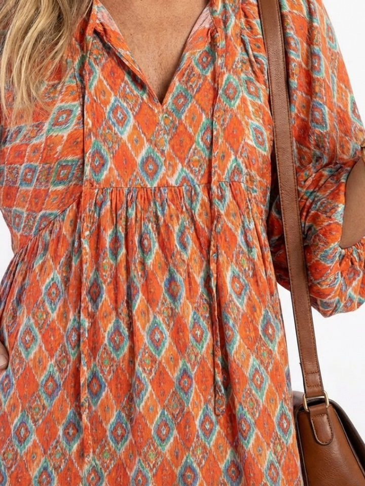 Millicent | Relaxed Geometric V Neck Tiered Midi Dress