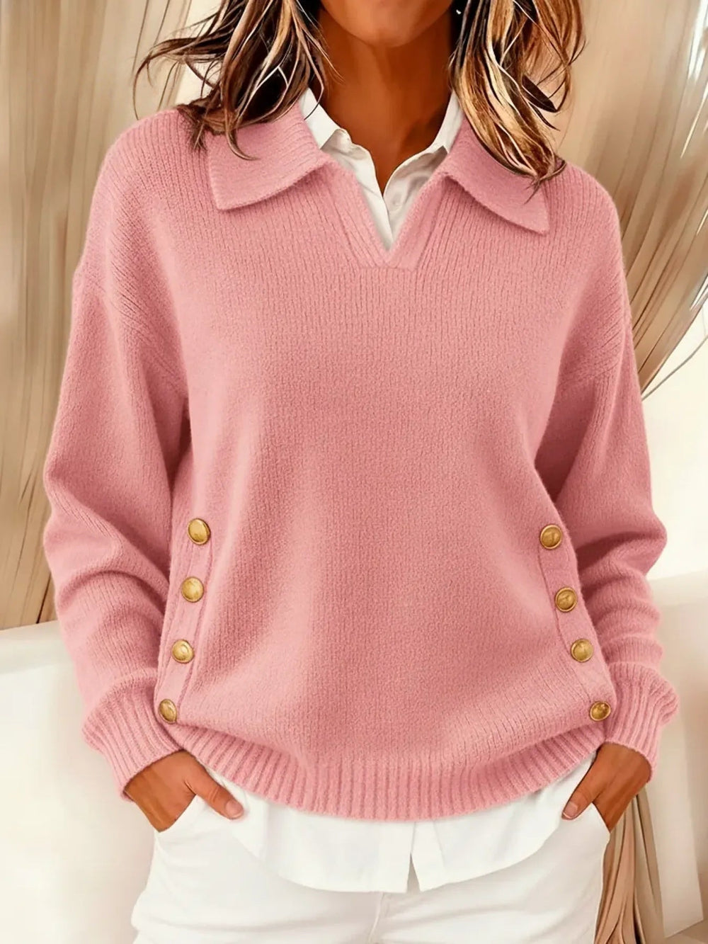 Vynette | V-Neck Sweater with Collar - Pink