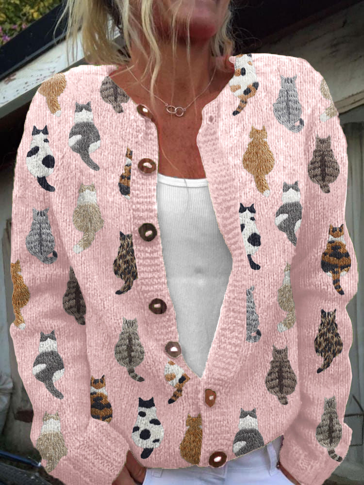 Sorielle | Cat Print Knit Cardigan - Pink