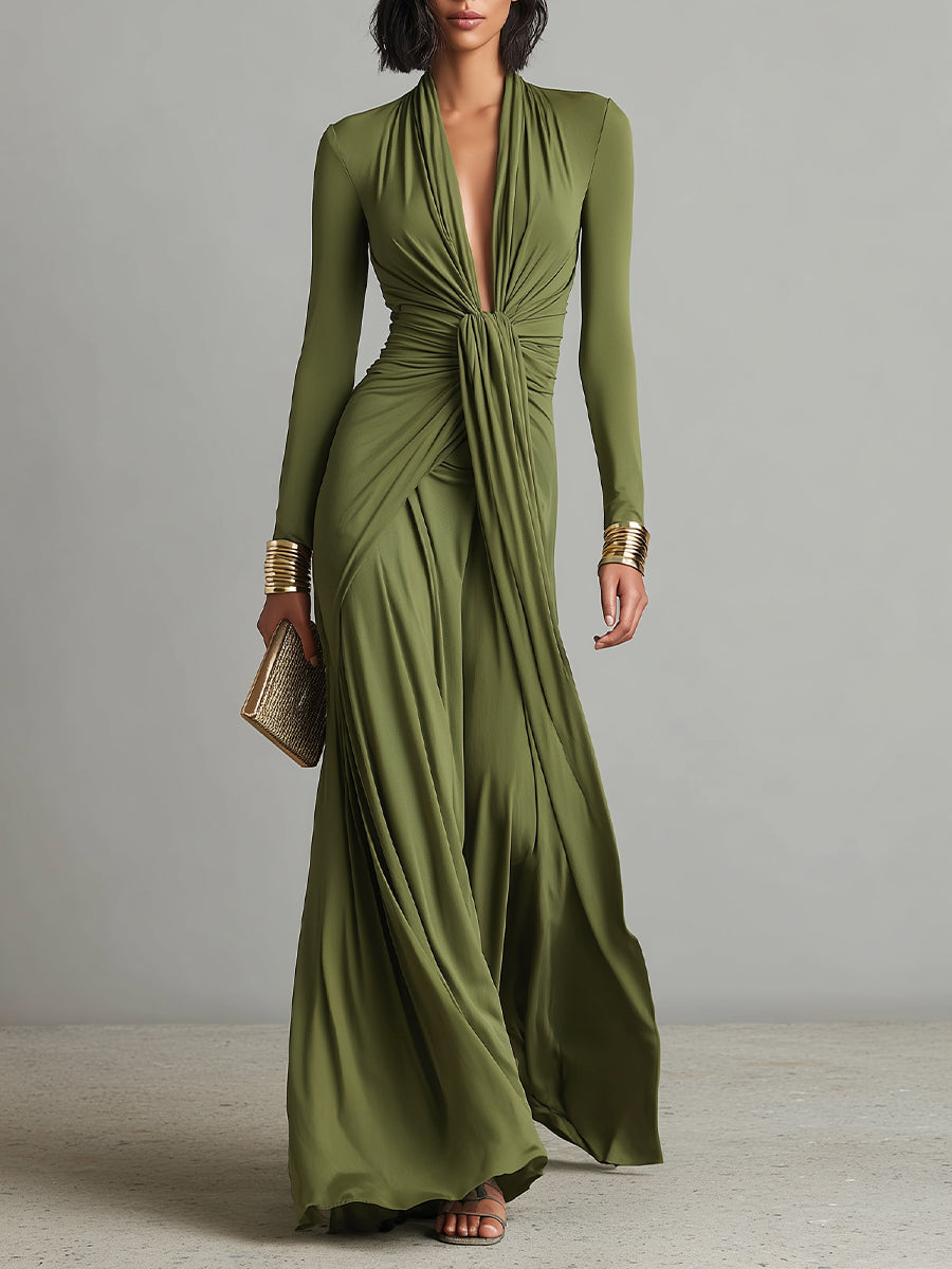 Oliv Seide Maxi Kleid V-Ausschnitt - Green