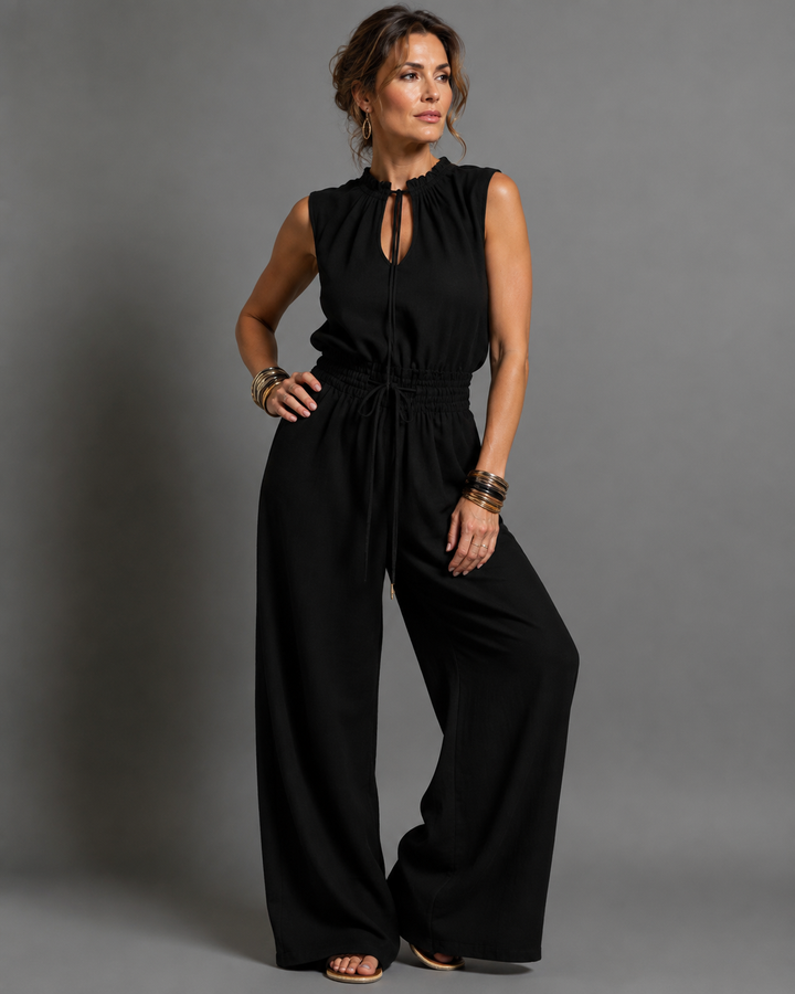 Jette | Ärmelloser Jumpsuit mit Weiten Beinen - Black