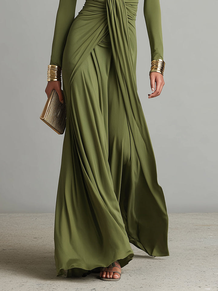 Oliv Seide Maxi Kleid V-Ausschnitt - 
