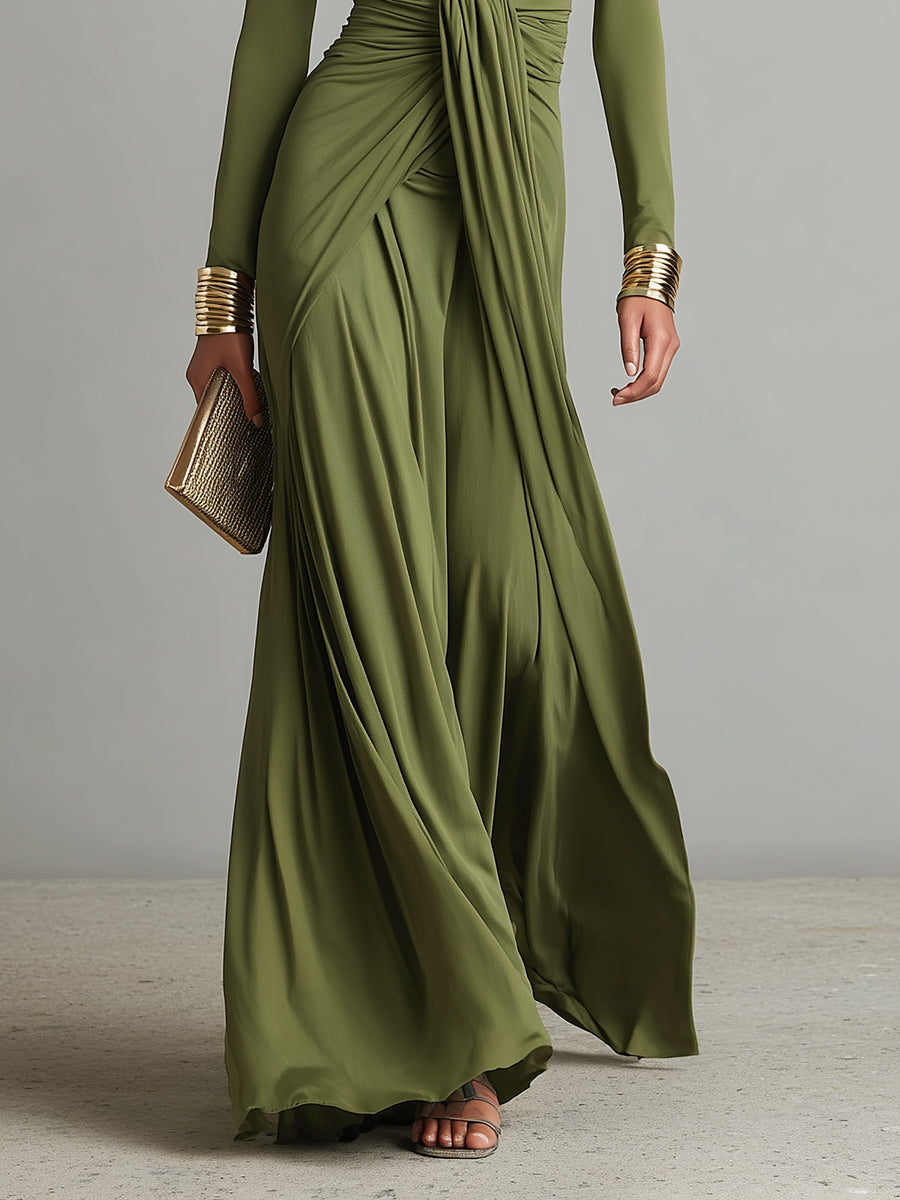 Oliv Seide Maxi Kleid V-Ausschnitt - 