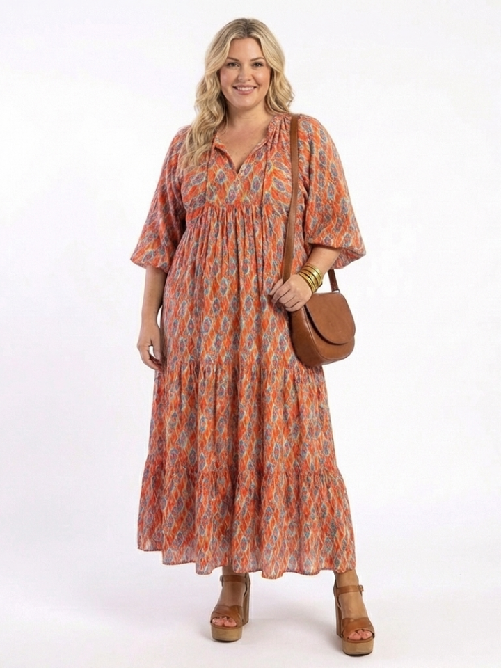 Millicent | Relaxed Geometric V Neck Tiered Midi Dress