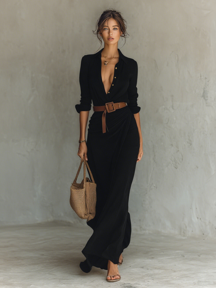 Maxikleid Reverskragen Langarm - 