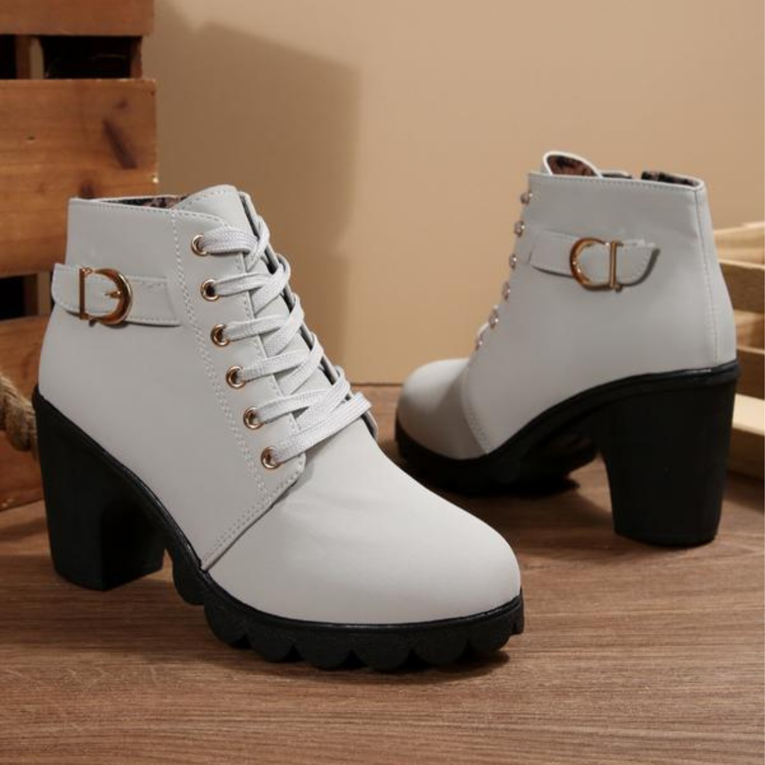 Karin Chic Lace | Up Metal Buckle Chunky Ankle Boots - White