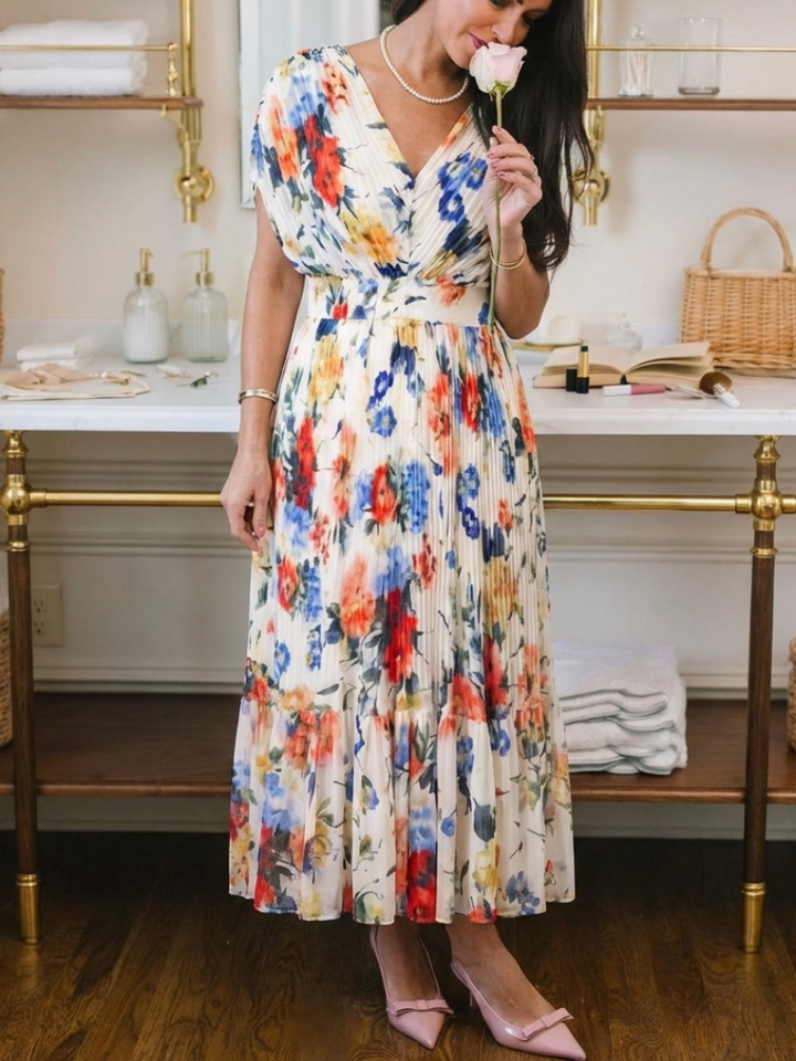 Katharine | Elegant Floral Short Sleeve Midi Dress