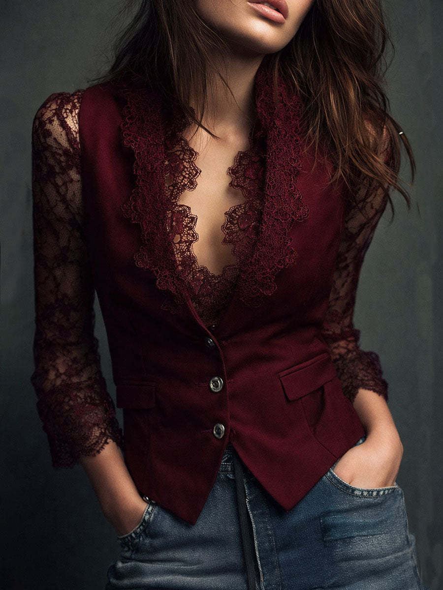 Noemie | Black Blazer Top with Sheer Sleeves