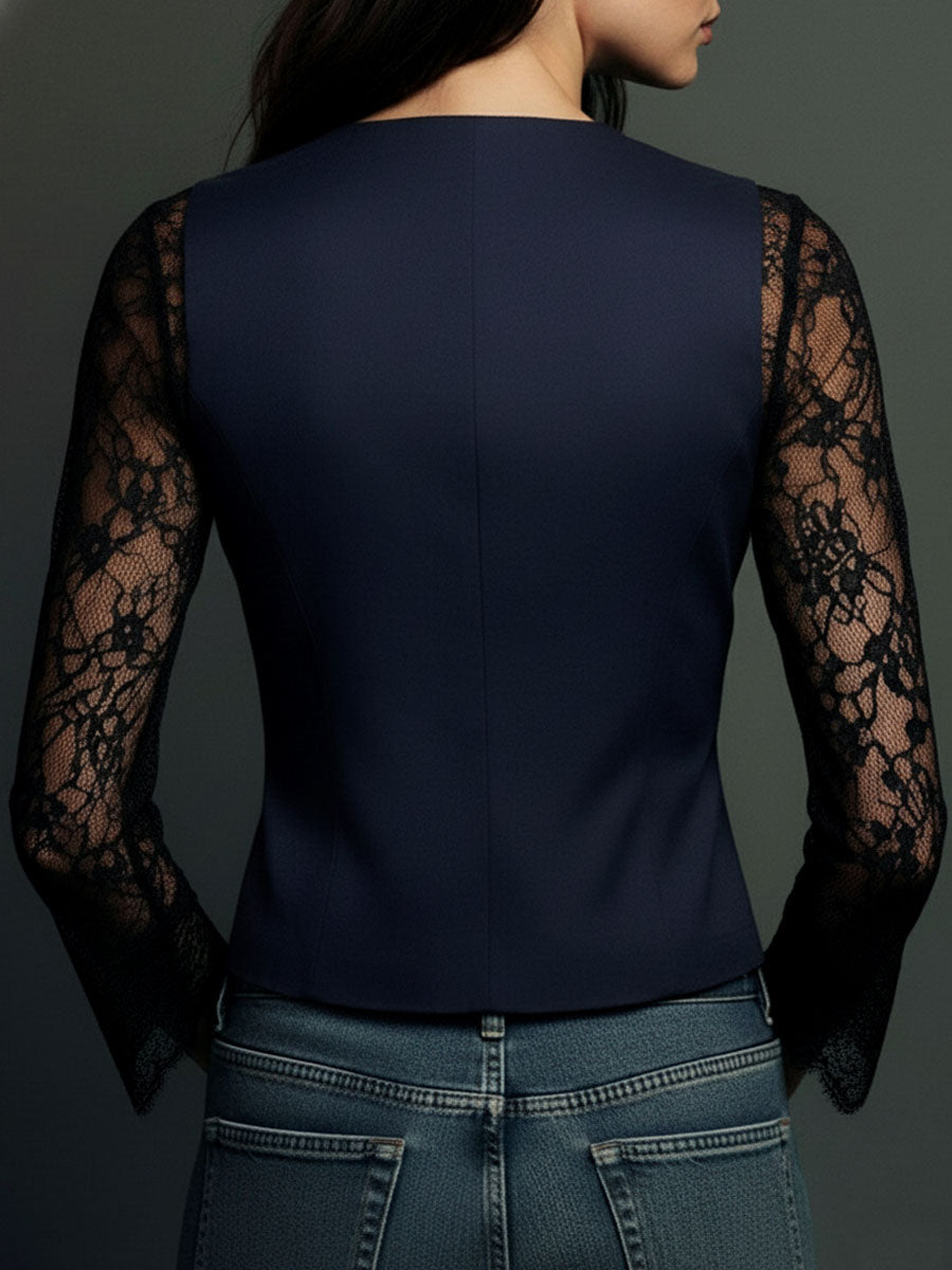Noemie | Black Blazer Top with Sheer Sleeves