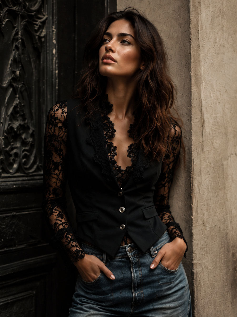 Noemie | Black Blazer Top with Sheer Sleeves