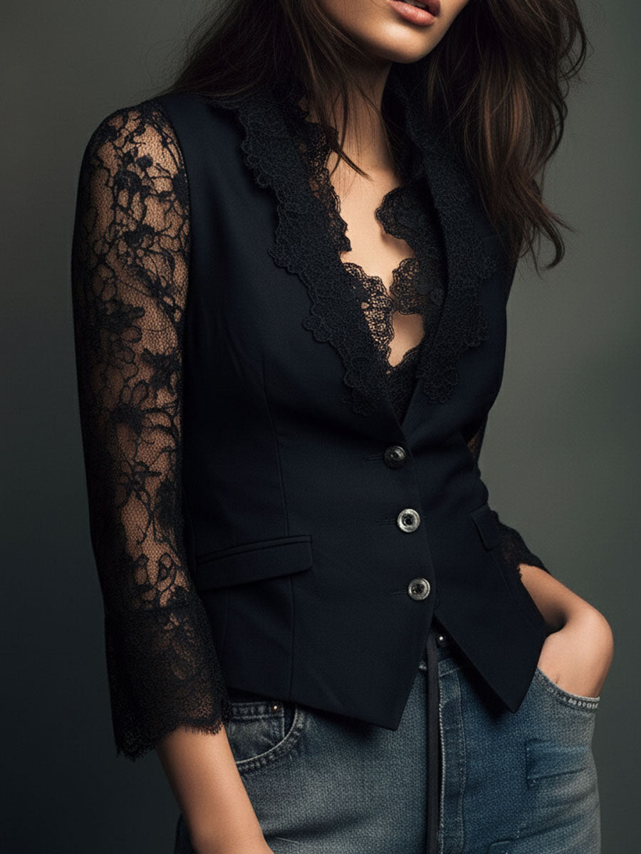 Noemie | Black Blazer Top with Sheer Sleeves