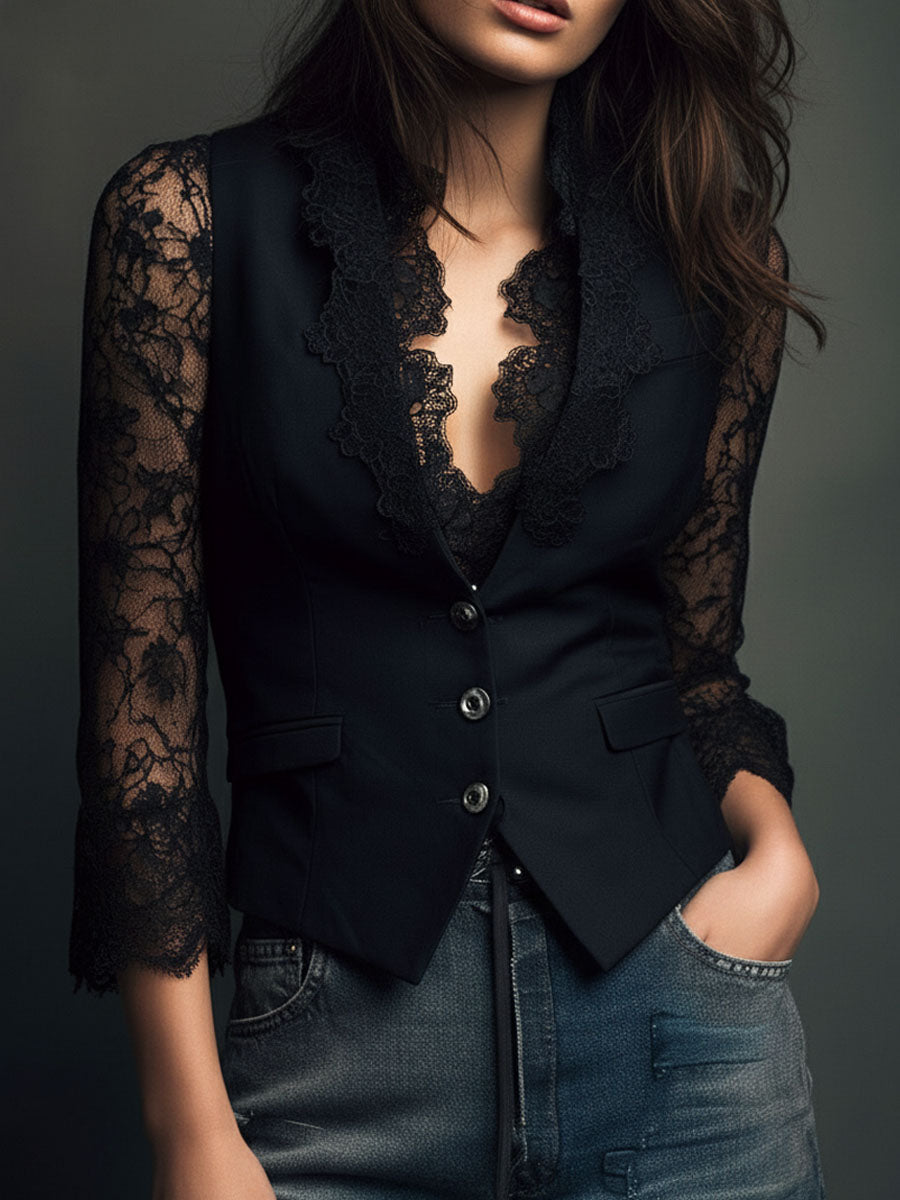 Noemie | Black Blazer Top with Sheer Sleeves