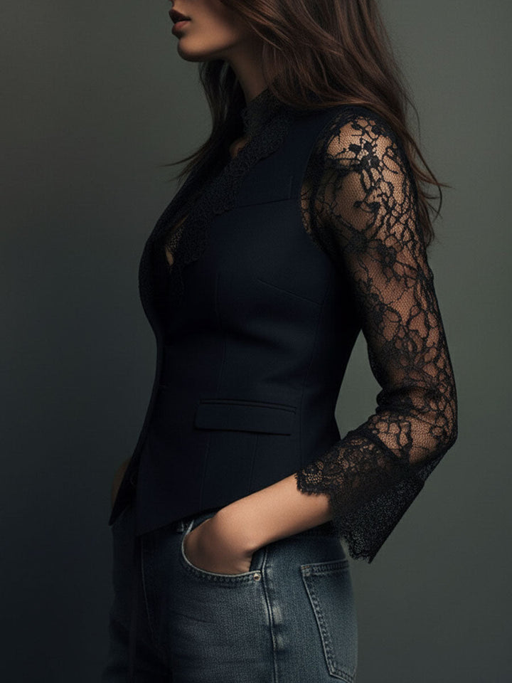 Noemie | Black Blazer Top with Sheer Sleeves