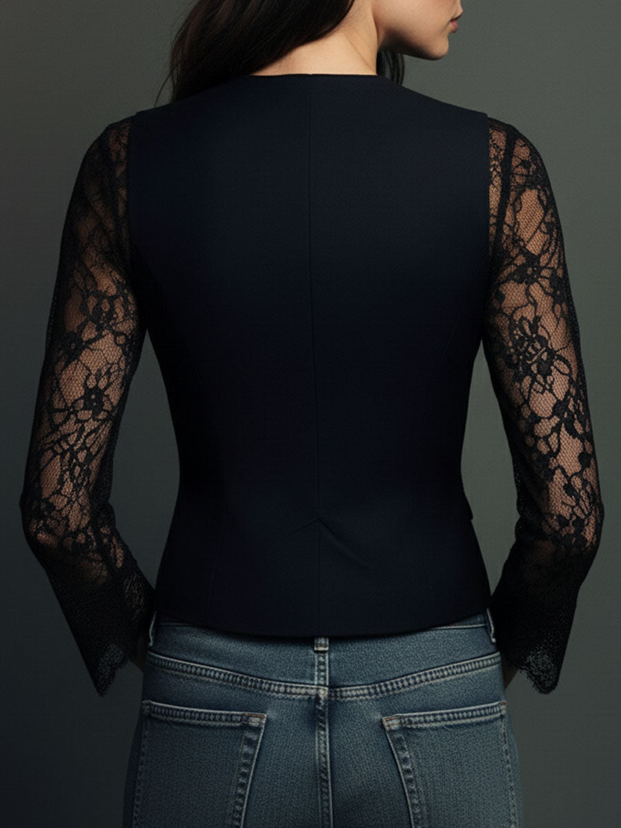 Noemie | Black Blazer Top with Sheer Sleeves