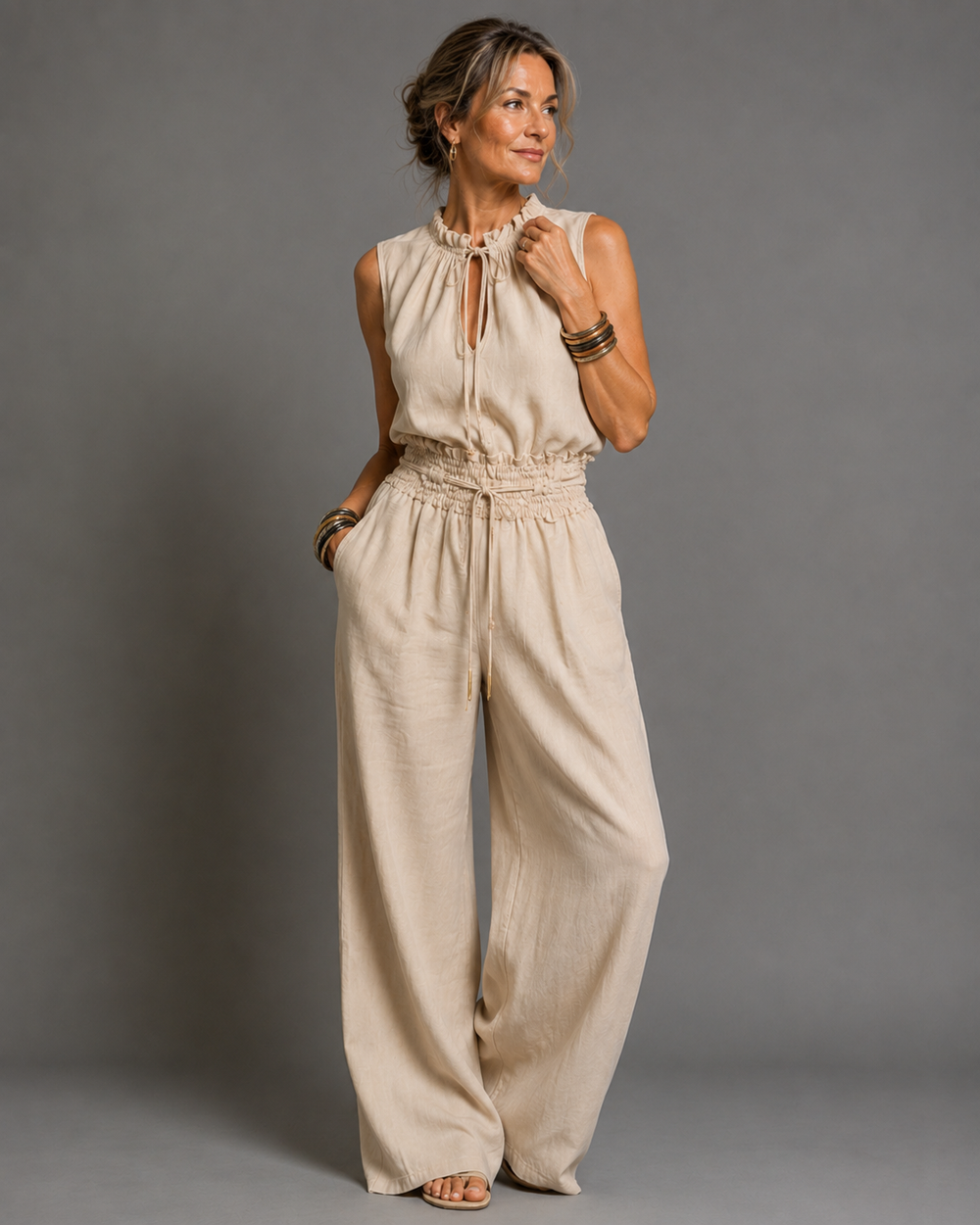 Jette | Ärmelloser Jumpsuit mit Weiten Beinen - Aprikose